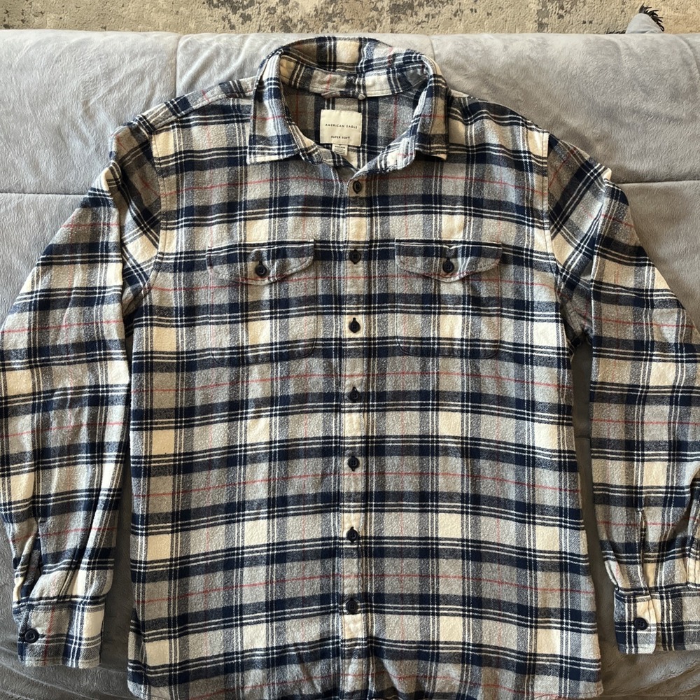 American Eagle Super‎ Soft Flannel Shirt Men's LT Gray Cream Plaid Button Up